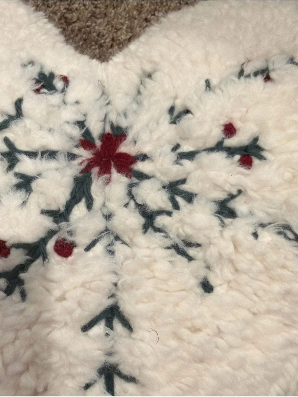 New Pottery Barn Xmas Heart Pillow Sherpa Fleece Embroidered Holly Holiday